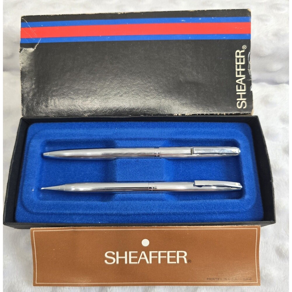 Vintage Sheaffer Chrome Mechanical Pencil and Ballpoint Pen Set in Box White Dot